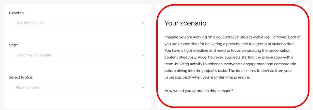 A scenario about collaborating with Alice Harrower on a presentation, balancing deadlines with team-building activities.