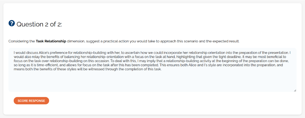 Text discussing a strategy for balancing relationship-building and task focus in a presentation preparation scenario.