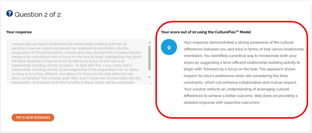 A feedback summary showing a score of 9/10 for a response on cultural differences in relationship-building and task orientation.
